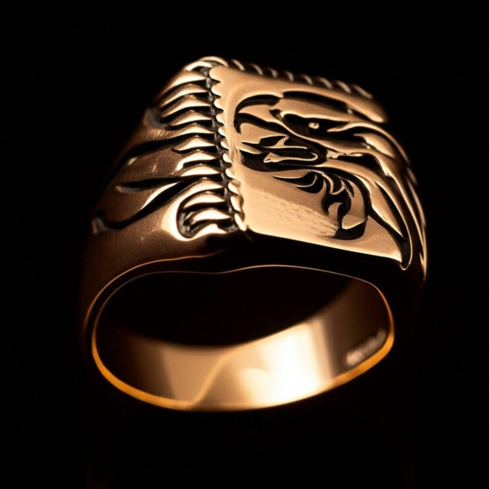 Royal Series - EAGLE FIRE RING - Pure Stainless Steel Men’s Gold-Plated Ring – Statement Luxury Jewelry (Size : 16-22-26) - THE MEN THING