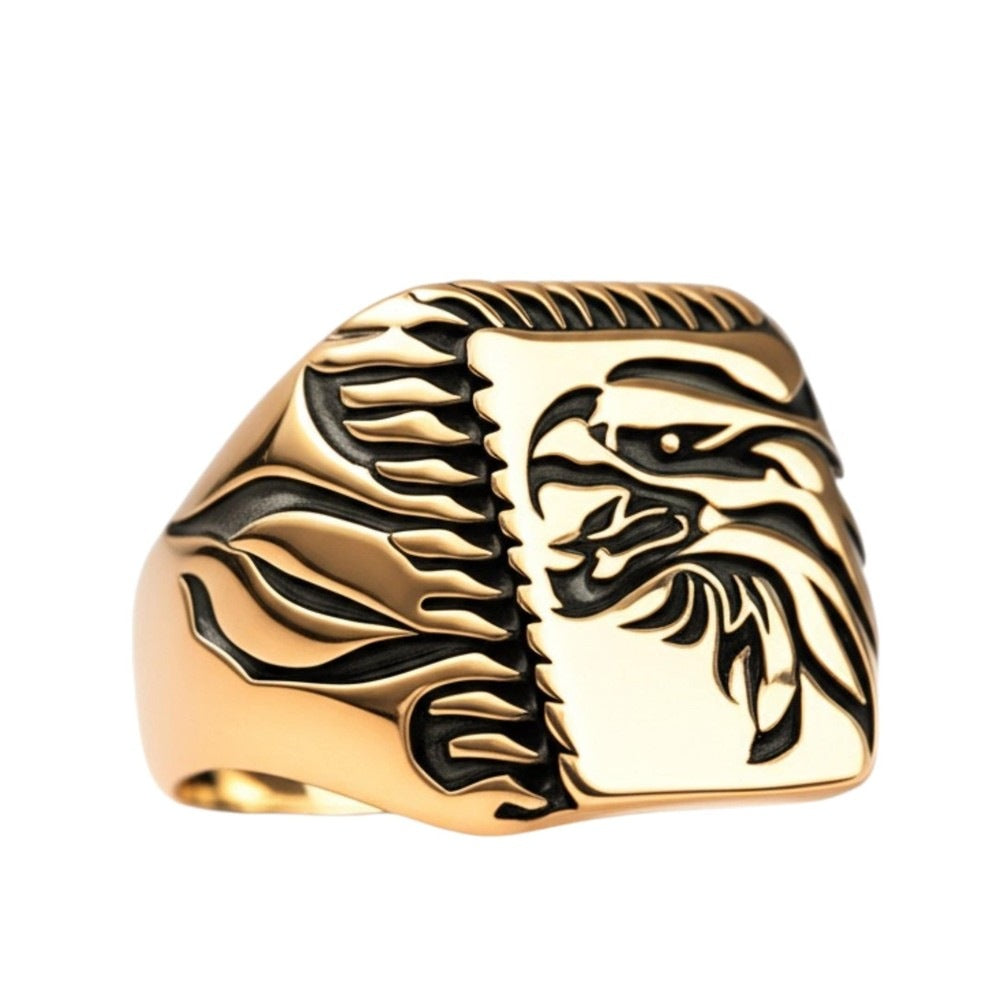Royal Series - EAGLE FIRE RING - Pure Stainless Steel Men’s Gold-Plated Ring – Statement Luxury Jewelry (Size : 16-22-26) - THE MEN THING