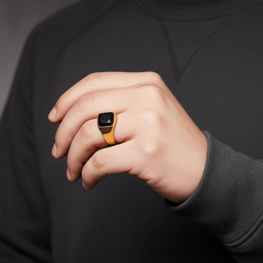 Royal Series - ECLIPSE MAJESTY RING - Pure Stainless Steel Men’s Gold-Plated Ring – Statement Luxury Jewelry (Size : 16-17-18-22-26-27) - THE MEN THING