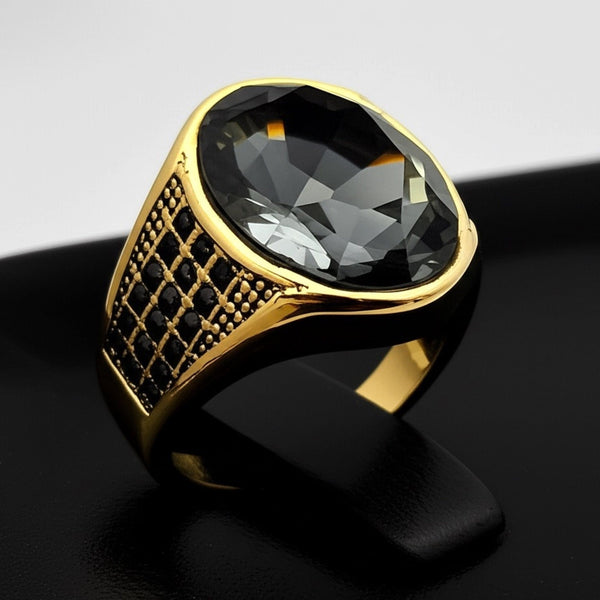 Royal Series - ECLIPSIAN RING - Pure Stainless Steel Men’s Gold-Plated Ring – Statement Luxury Jewelry (Size : 16-21-27)