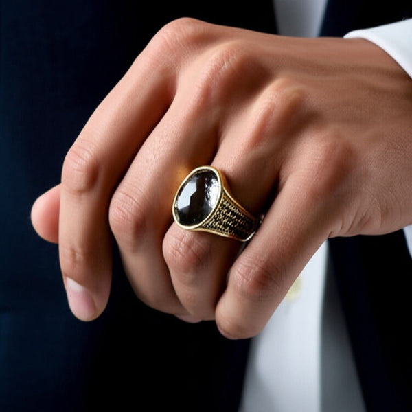 Royal Series - ECLIPSIAN RING - Pure Stainless Steel Men’s Gold-Plated Ring – Statement Luxury Jewelry (Size : 16-21-27)