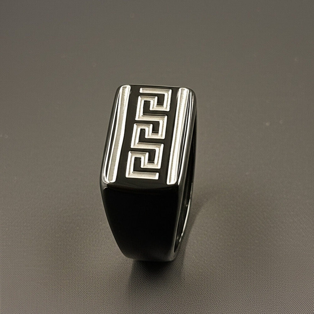 Royal Series - EZARO RING - Pure Stainless Steel Men’s Black-White Shell-Plated Ring – Statement Luxury Jewelry (Size : 18-21-23) - THE MEN THING