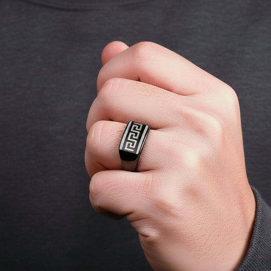 Royal Series - EZARO RING - Pure Stainless Steel Men’s Black-White Shell-Plated Ring – Statement Luxury Jewelry (Size : 18-21-23) - THE MEN THING