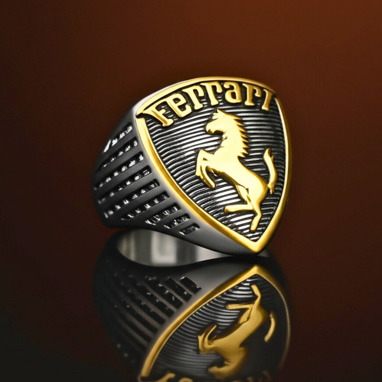 Royal Series - FERRARI CREST RING - Pure Stainless Steel Men’s Steel-Gold-Plated Ring – Statement Luxury Jewelry (Size : 19-21-24) - THE MEN THING