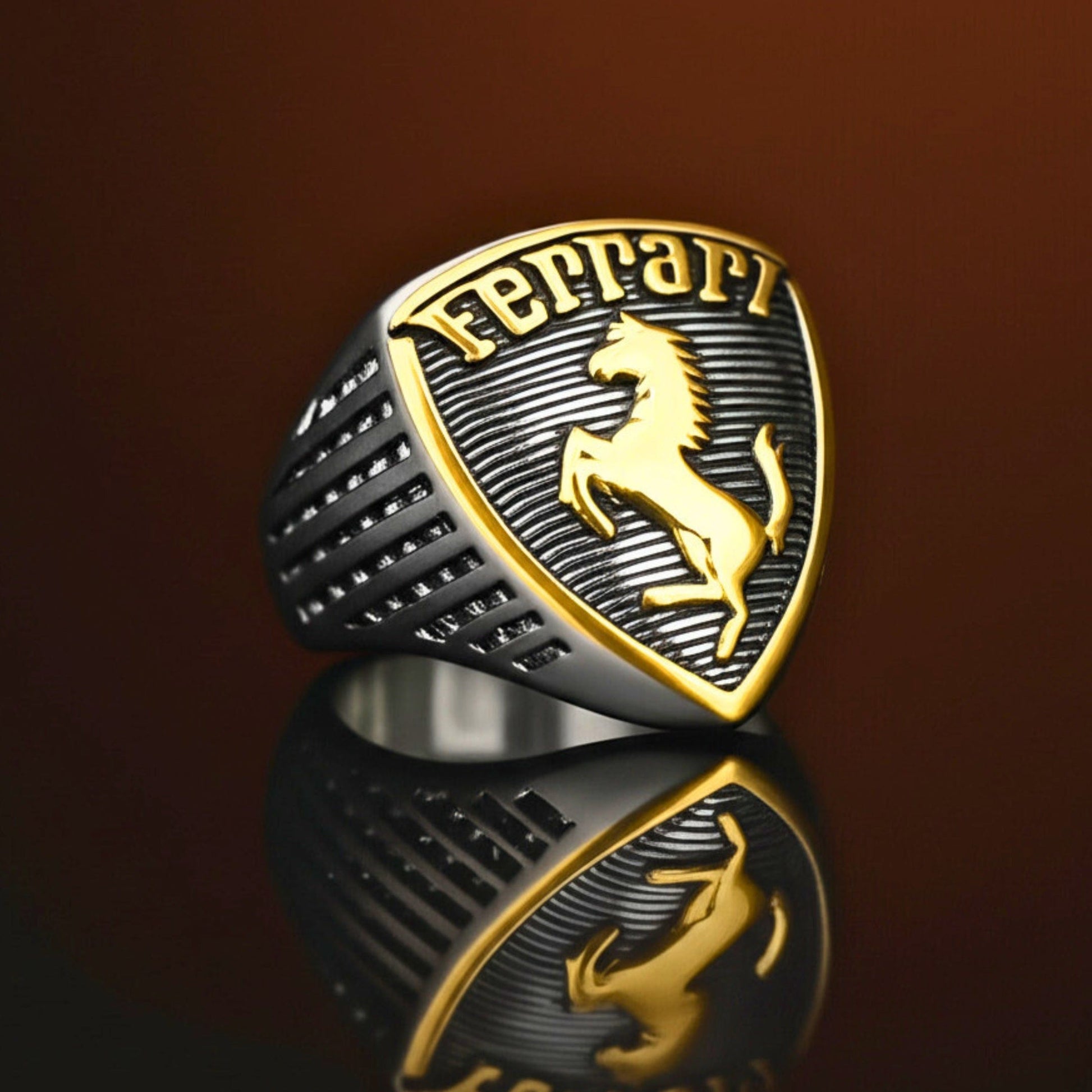 Royal Series - FERRARI CREST RING - Pure Stainless Steel Men’s Steel-Gold-Plated Ring – Statement Luxury Jewelry (Size : 19-21-24) - THE MEN THING