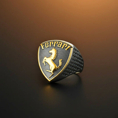 Royal Series - FERRARI CREST RING - Pure Stainless Steel Men’s Steel-Gold-Plated Ring – Statement Luxury Jewelry (Size : 19-21-24) - THE MEN THING