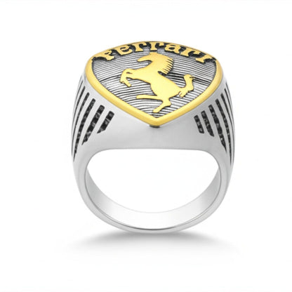 Royal Series - FERRARI CREST RING - Pure Stainless Steel Men’s Steel-Gold-Plated Ring – Statement Luxury Jewelry (Size : 19-21-24) - THE MEN THING