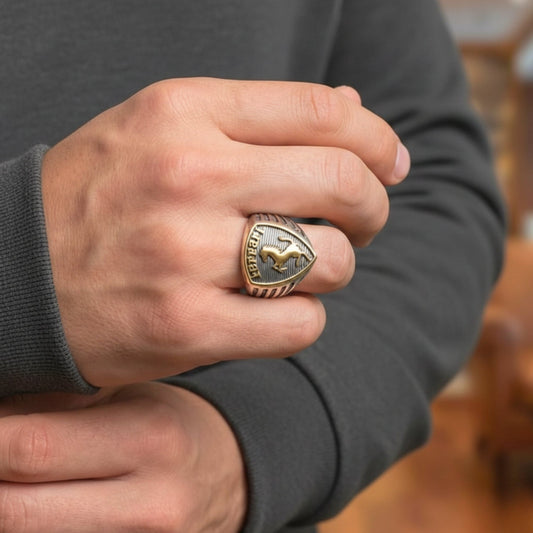 Royal Series - FERRARI CREST RING - Pure Stainless Steel Men’s Steel-Gold-Plated Ring – Statement Luxury Jewelry (Size : 19-21-24) - THE MEN THING