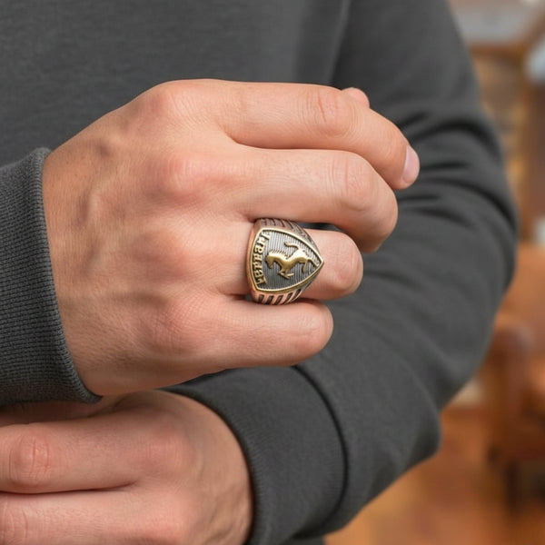 Royal Series - FERRARI CREST RING - Pure Stainless Steel Men’s Steel-Gold-Plated Ring – Statement Luxury Jewelry (Size : 19-21-24)