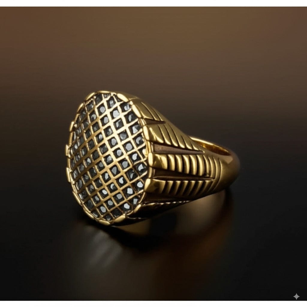Royal Series - GRIDIRON MAJESTY RING - Pure Stainless Steel Men’s Gold-Plated Ring – Statement Luxury Jewelry (Size : 18-21-27) - THE MEN THING