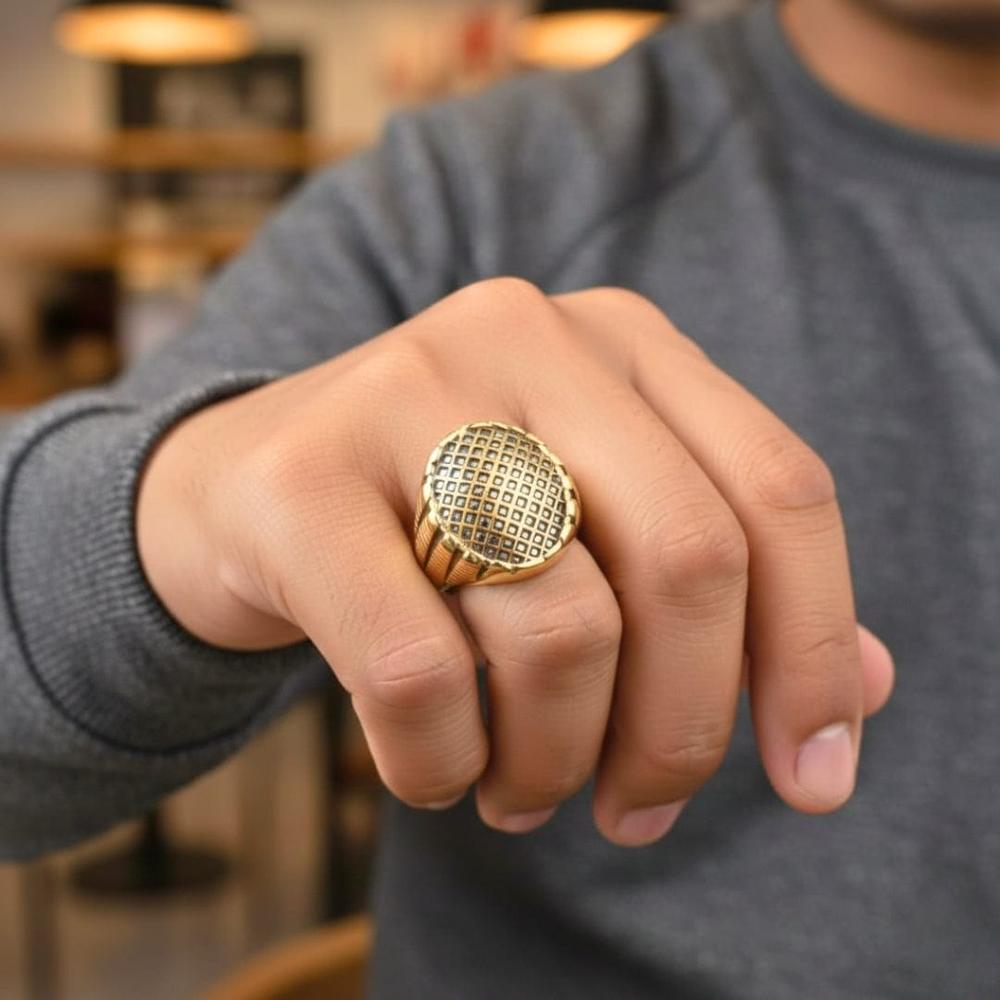 Royal Series - GRIDIRON MAJESTY RING - Pure Stainless Steel Men’s Gold-Plated Ring – Statement Luxury Jewelry (Size : 18-21-27) - THE MEN THING