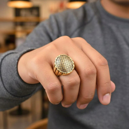 Royal Series - GRIDIRON MAJESTY RING - Pure Stainless Steel Men’s Gold-Plated Ring – Statement Luxury Jewelry (Size : 18-21-27) - THE MEN THING