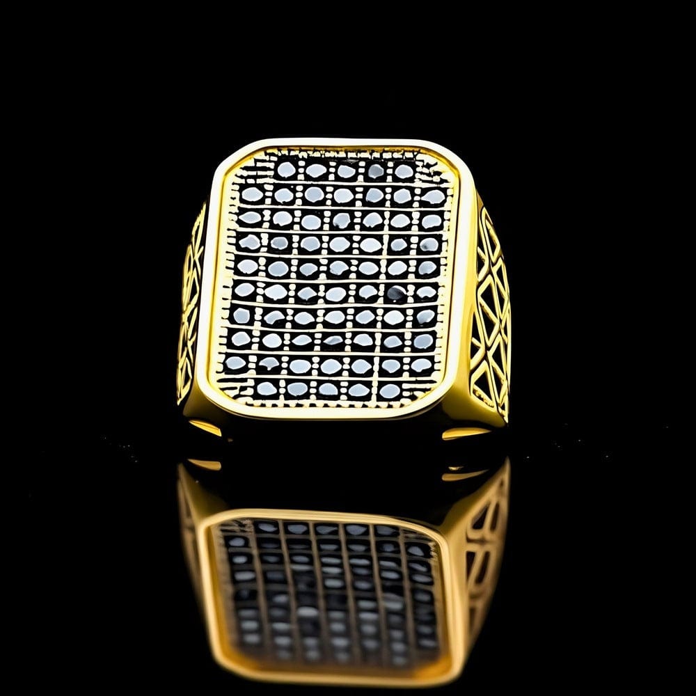 Royal Series - KING GRID - Pure Titanium Steel Ring for Men & Boys Luxury Style, Gold Black Tone (Size : 16-20-26) - THE MEN THING