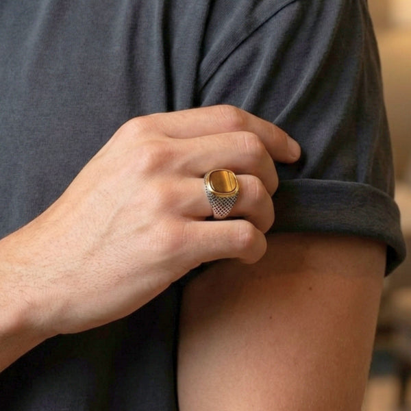 Royal Series - LUNAR EMBER RING - Pure Stainless Steel Men’s Steel-Gold-Plated Ring – Statement Luxury Jewelry (Size :15-16-17-18-21-22-23-25-26-27-28)