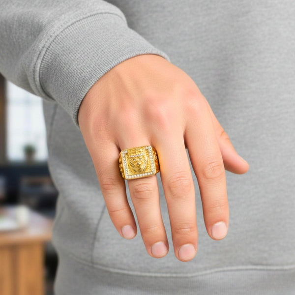 Royal Series - MAHARAJA LION RING - Pure Stainless Steel Men’s Gold-Plated Ring – Statement Luxury Jewelry (Size : 16-19-22-24-27-30)