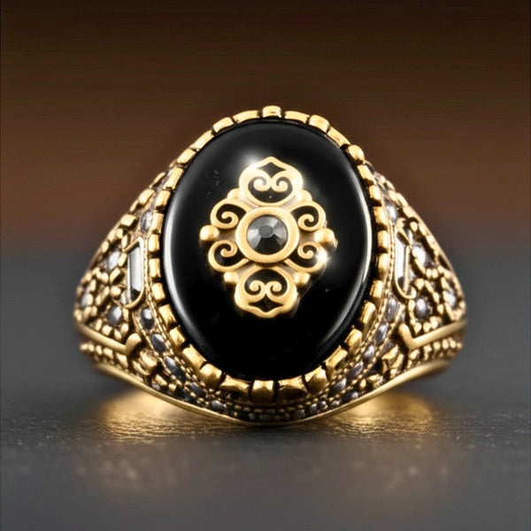 Royal Series - MAJESTIC ONYX RING - Pure Stainless Steel Men’s Gold-Plated Ring – Statement Luxury Jewelry (Size : 17-22-28)