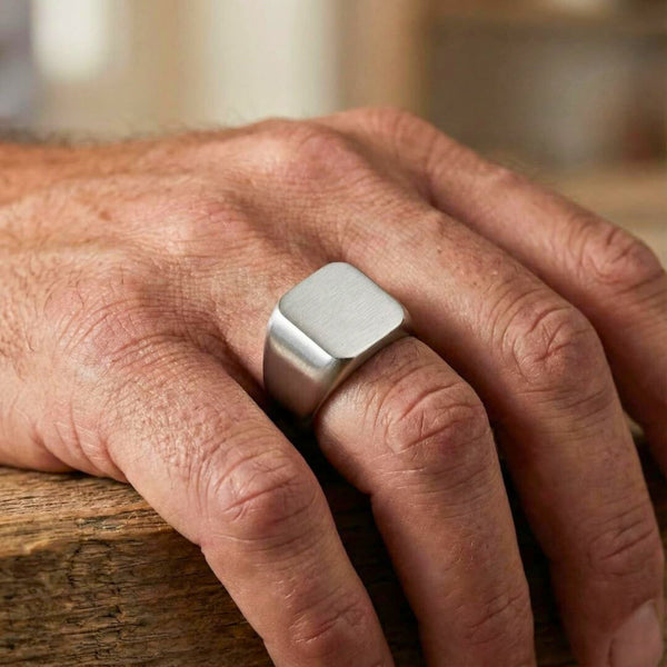 Royal Series - MATTE SQUARE SIGNET RING - Pure Stainless Steel Men’s Steel-Plated Ring – Statement Luxury Jewelry (Size :15-16-18-19-21-22-25-30)