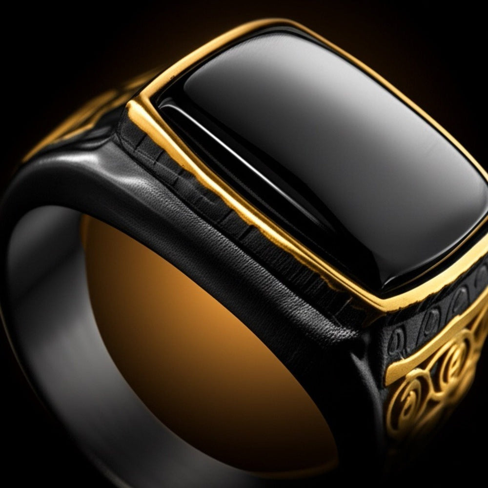 Royal Series - MIDNIGHT ORACLE RING - Pure Stainless Steel Men’s Black-Gold-Plated Ring – Statement Luxury Jewelry (Size : 16-19-21-22-24-26) - THE MEN THING