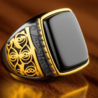 Royal Series - MIDNIGHT ORACLE RING - Pure Stainless Steel Men’s Black-Gold-Plated Ring – Statement Luxury Jewelry (Size : 16-19-21-22-24-26) - THE MEN THING