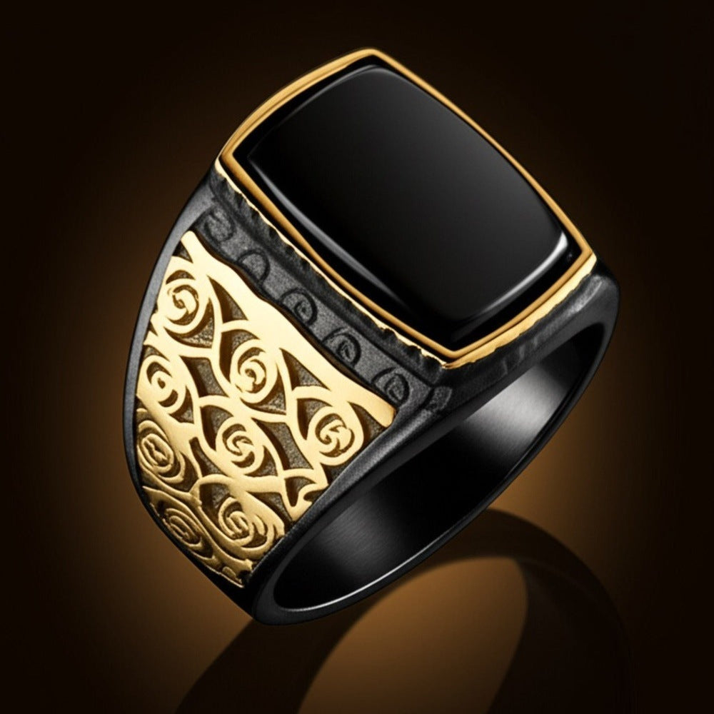Royal Series - MIDNIGHT ORACLE RING - Pure Stainless Steel Men’s Black-Gold-Plated Ring – Statement Luxury Jewelry (Size : 16-19-21-22-24-26) - THE MEN THING