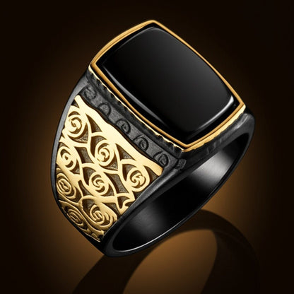 Royal Series - MIDNIGHT ORACLE RING - Pure Stainless Steel Men’s Black-Gold-Plated Ring – Statement Luxury Jewelry (Size : 16-19-21-22-24-26) - THE MEN THING