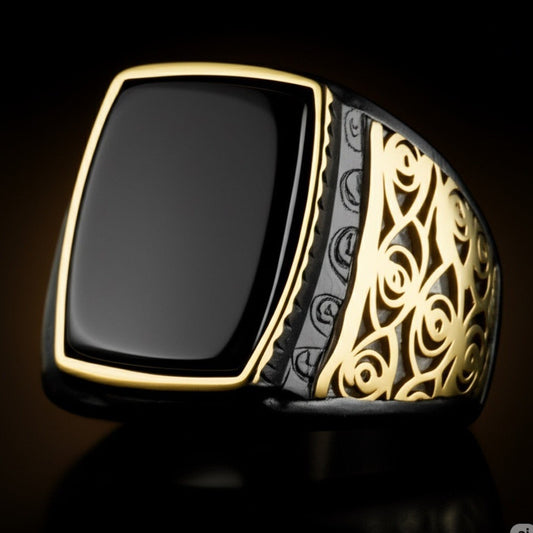 Royal Series - MIDNIGHT ORACLE RING - Pure Stainless Steel Men’s Black-Gold-Plated Ring – Statement Luxury Jewelry (Size : 16-19-21-22-24-26) - THE MEN THING