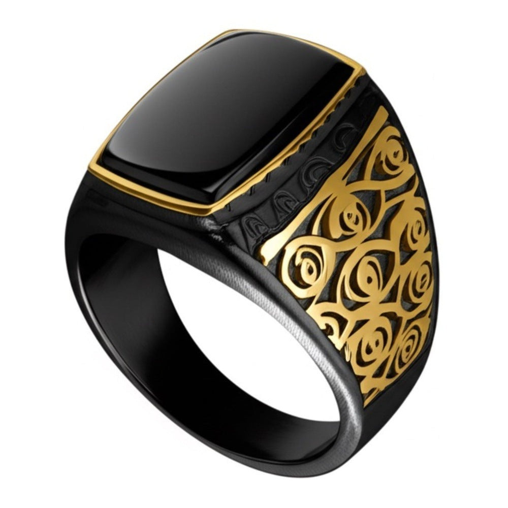 Royal Series - MIDNIGHT ORACLE RING - Pure Stainless Steel Men’s Black-Gold-Plated Ring – Statement Luxury Jewelry (Size : 16-19-21-22-24-26) - THE MEN THING