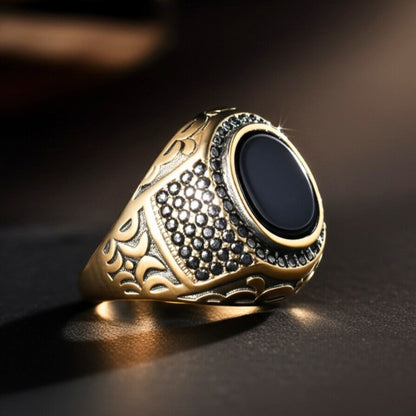 Royal Series - MIDNIGHT THRONE RING - Pure Stainless Steel Men’s Steel-Gold-Plated Ring – Statement Luxury Jewelry (Size : 16-17-22-26-27) - THE MEN THING