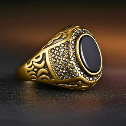 Royal Series - MIDNIGHT THRONE RING - Pure Stainless Steel Men’s Steel-Gold-Plated Ring – Statement Luxury Jewelry (Size : 16-17-22-26-27) - THE MEN THING