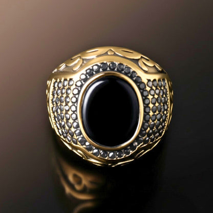 Royal Series - MIDNIGHT THRONE RING - Pure Stainless Steel Men’s Steel-Gold-Plated Ring – Statement Luxury Jewelry (Size : 16-17-22-26-27) - THE MEN THING