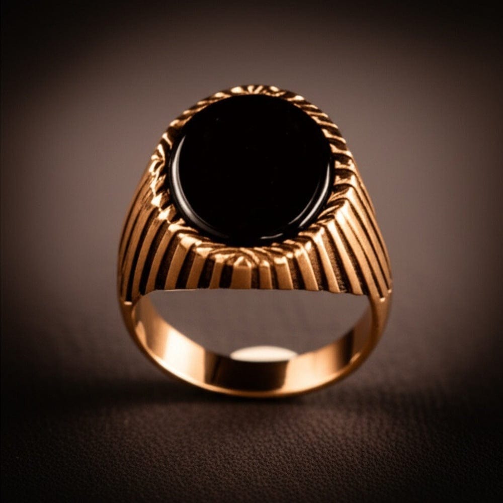 Royal Series - NIGHT EMBER RING - Pure Stainless Steel Men’s Rose Gold-Plated Black Onyx Ring – Statement Luxury Jewelry (Size : 16-21-27) - THE MEN THING