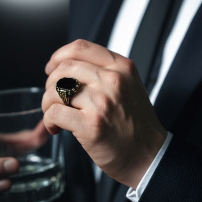 Royal Series - NIGHT EMPEROR RING - Pure Stainless Steel Men’s Black-Gold-Plated Ring – Statement Luxury Jewelry (Size : -19-21-24-27) - THE MEN THING