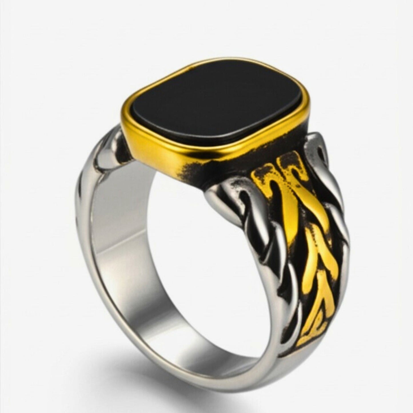 Royal Series - NIGHTFIRE CREST RING - Pure Stainless Steel Men’s Steel-Gold-Plated Ring – Statement Luxury Jewelry (Size : 17-24-27) - THE MEN THING