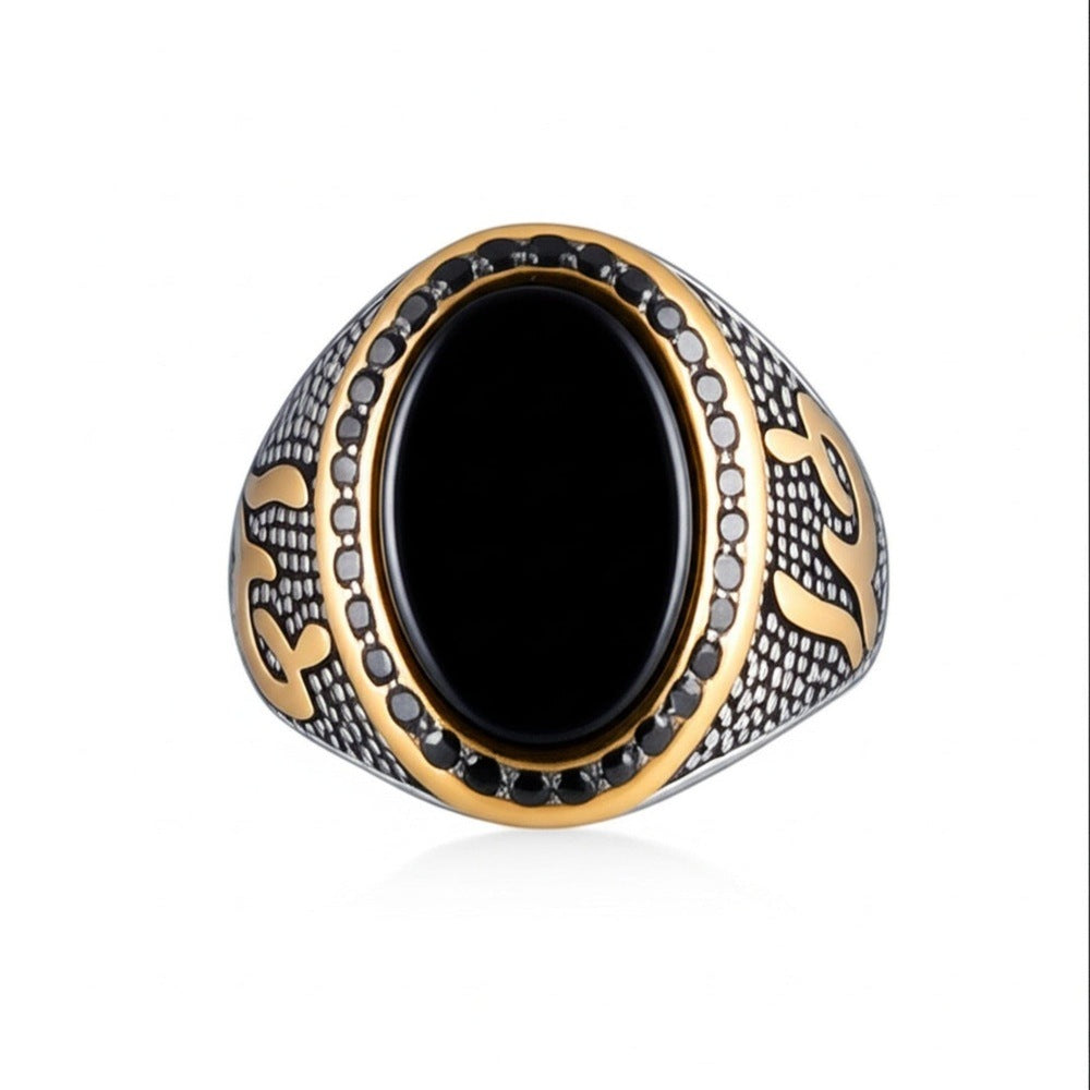Royal Series - NOIR EMBLEM RING - Pure Stainless Steel Men’s Steel-Gold-Plated Ring – Statement Luxury Jewelry (Size : 21-27) - THE MEN THING