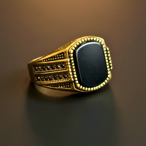 Royal Series - Obsidian Sovereign Signet Ring - Pure Stainless Steel Men’s Gold-Plated Ring – Statement Luxury Jewelry (Size : 16-19-22-26)