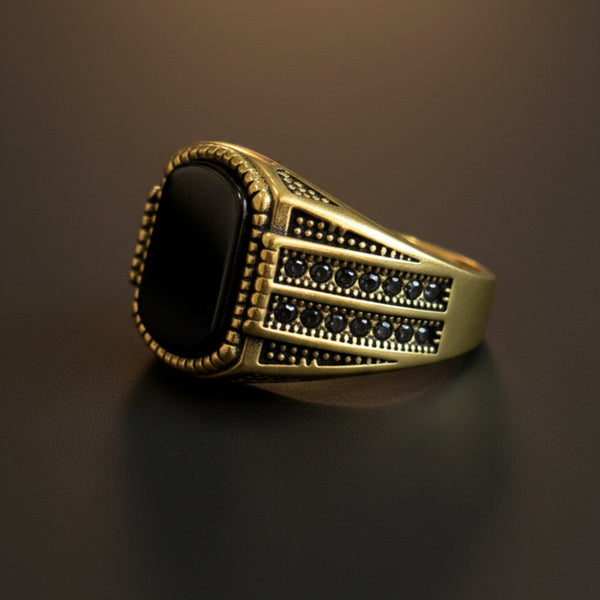 Royal Series - Obsidian Sovereign Signet Ring - Pure Stainless Steel Men’s Gold-Plated Ring – Statement Luxury Jewelry (Size : 16-19-22-26)
