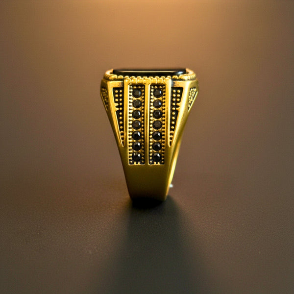 Royal Series - Obsidian Sovereign Signet Ring - Pure Stainless Steel Men’s Gold-Plated Ring – Statement Luxury Jewelry (Size : 16-19-22-26)