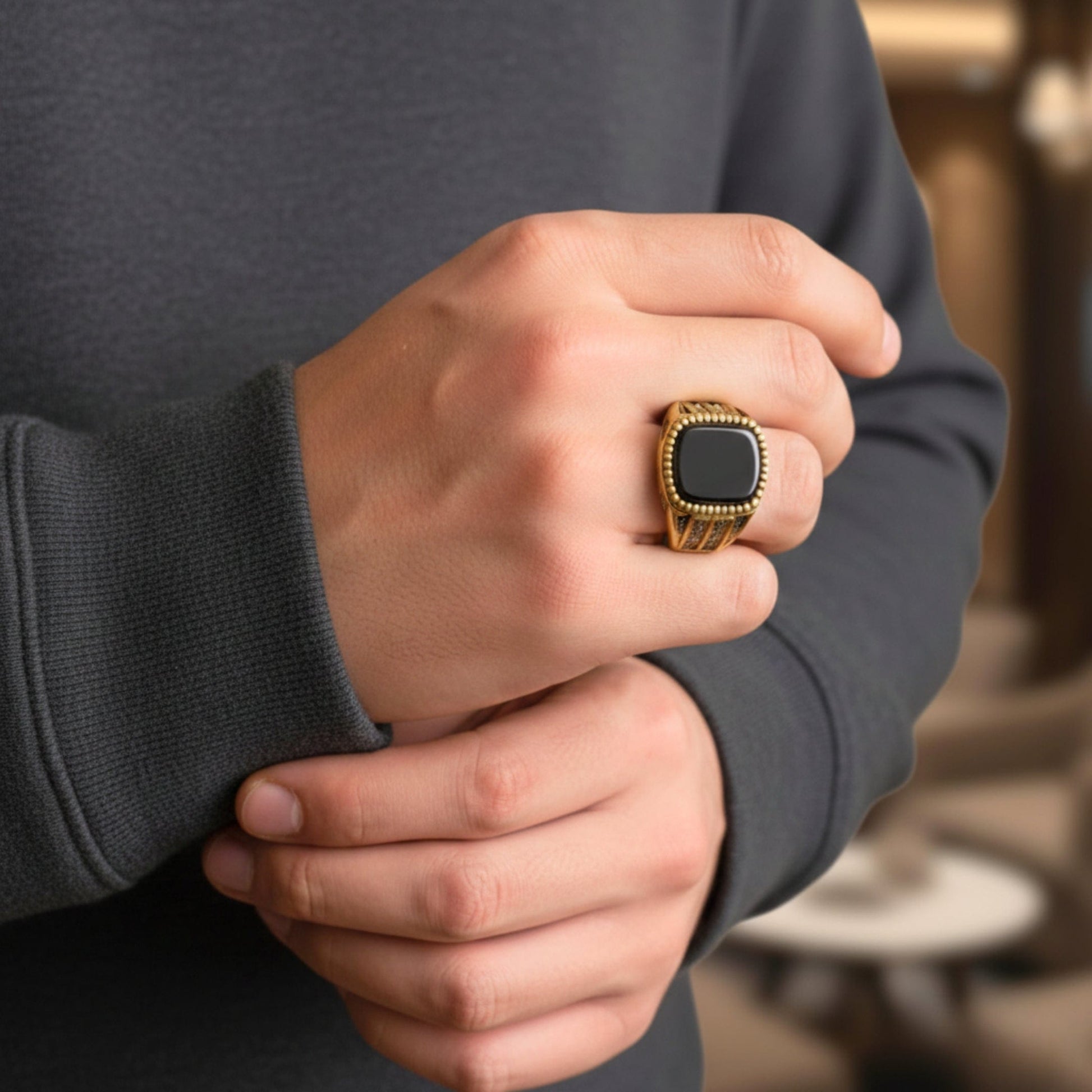 Royal Series - Obsidian Sovereign Signet Ring - Pure Stainless Steel Men’s Gold-Plated Ring – Statement Luxury Jewelry (Size : 16-19-22-26) - THE MEN THING