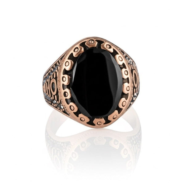 Royal Series - RAVIK RING - Pure Stainless Steel Men’s Rose Gold-Plated Black Stone Ring – Statement Luxury Jewelry (Size : 18-19-21-22-24-26)