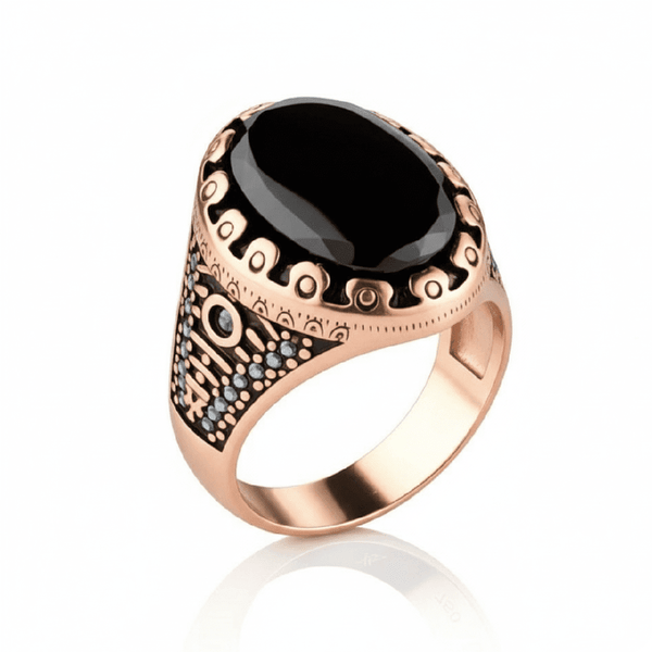 Royal Series - RAVIK RING - Pure Stainless Steel Men’s Rose Gold-Plated Black Stone Ring – Statement Luxury Jewelry (Size : 18-19-21-22-24-26)