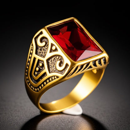 Royal Series - RED VALOR RING - Pure Stainless Steel Men’s Gold-Red Stone-Plated Ring – Statement Luxury Jewelry (Size : 18-21-23) - THE MEN THING