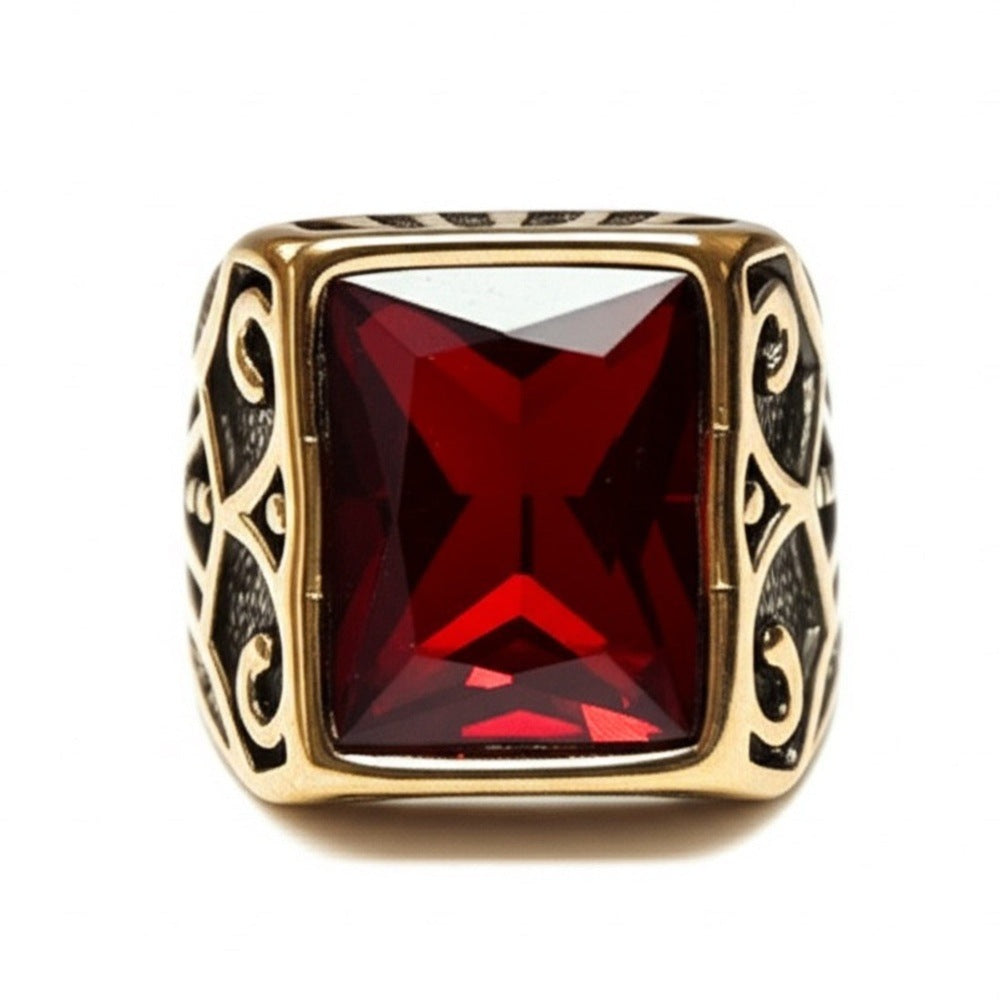 Royal Series - RED VALOR RING - Pure Stainless Steel Men’s Gold-Red Stone-Plated Ring – Statement Luxury Jewelry (Size : 18-21-23) - THE MEN THING