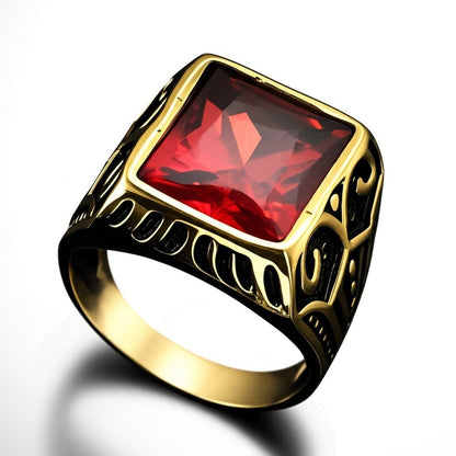Royal Series - RED VALOR RING - Pure Stainless Steel Men’s Gold-Red Stone-Plated Ring – Statement Luxury Jewelry (Size : 18-21-23) - THE MEN THING