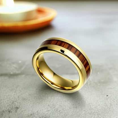 Royal Series - REDWOOD BAND RING - Pure Stainless Steel Men’s Gold-Plated Brown Strip Ring – Statement Luxury Jewelry (Size : 17-19-22-24-27) - THE MEN THING