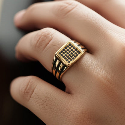 Royal Series - REGAL GRID RING - Pure Stainless Steel Men’s Gold-Plated Ring – Statement Luxury Jewelry (Size : 16-26) - THE MEN THING