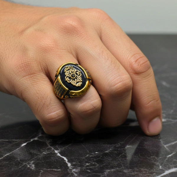 Royal Series - Royal Enigma RING - Pure Stainless Steel Men’s Gold-Plated Ring – Statement Luxury Jewelry (Size : 16-17-19-21-23-27)