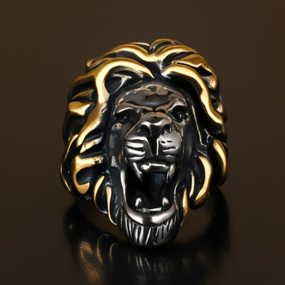 Royal Series - THE KING ROAR RING - Pure Stainless Steel Men’s Steel-Gold-Plated Ring – Statement Luxury Jewelry (Size : 19-22-25) - THE MEN THING
