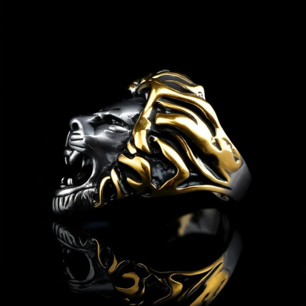 Royal Series - THE KING ROAR RING - Pure Stainless Steel Men’s Steel-Gold-Plated Ring – Statement Luxury Jewelry (Size : 19-22-25) - THE MEN THING