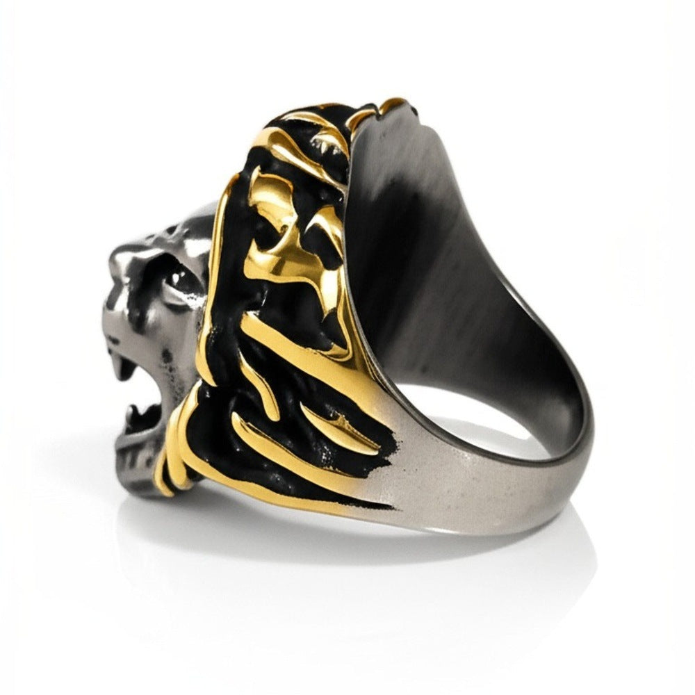Royal Series - THE KING ROAR RING - Pure Stainless Steel Men’s Steel-Gold-Plated Ring – Statement Luxury Jewelry (Size : 19-22-25) - THE MEN THING