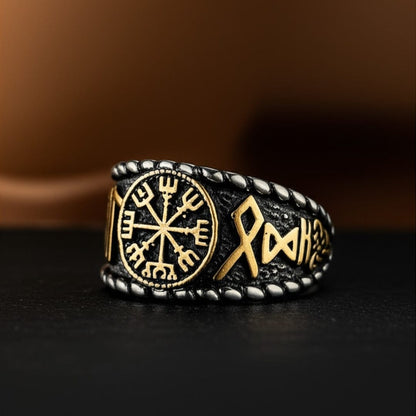 Royal Series - VEGVISIR VALOR RING - Pure Stainless Steel Men’s Steel-Gold-Plated Ring – Statement Luxury Jewelry (Size : 19-22-25-27) - THE MEN THING